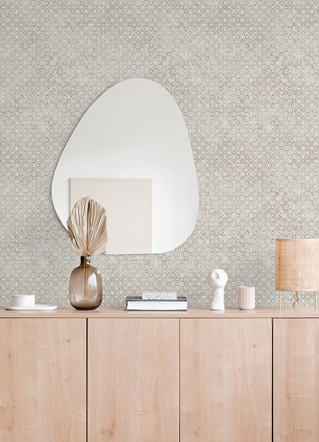 Khauta Silver Floral Geometric Wallpaper - Brewster Wallcovering