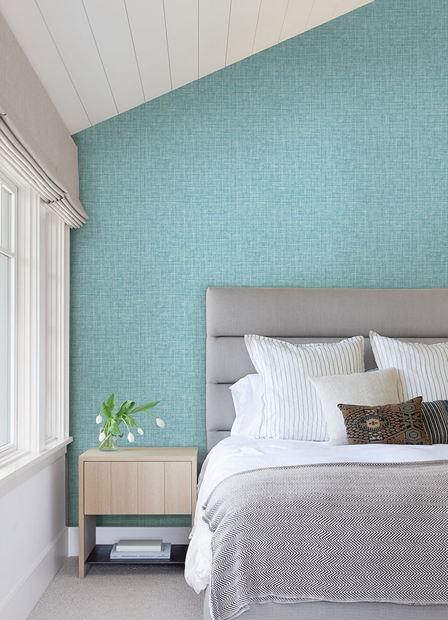 Emerson Aqua Linen Wallpaper - Brewster Wallcovering