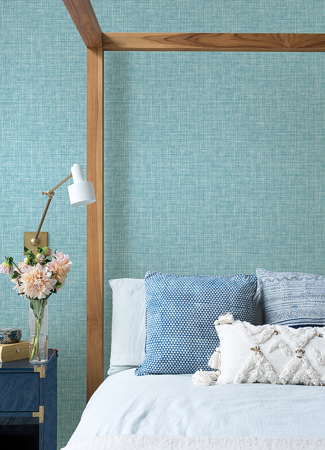 Emerson Aqua Linen Wallpaper - Brewster Wallcovering