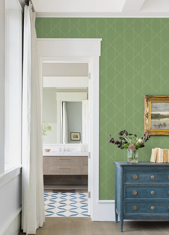 Walcott Light Green Stitched Trellis Wallpaper - Brewster Wallcovering