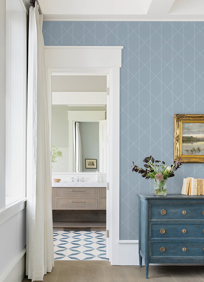 Walcott Light Blue Stitched Trellis Wallpaper - Brewster Wallcovering