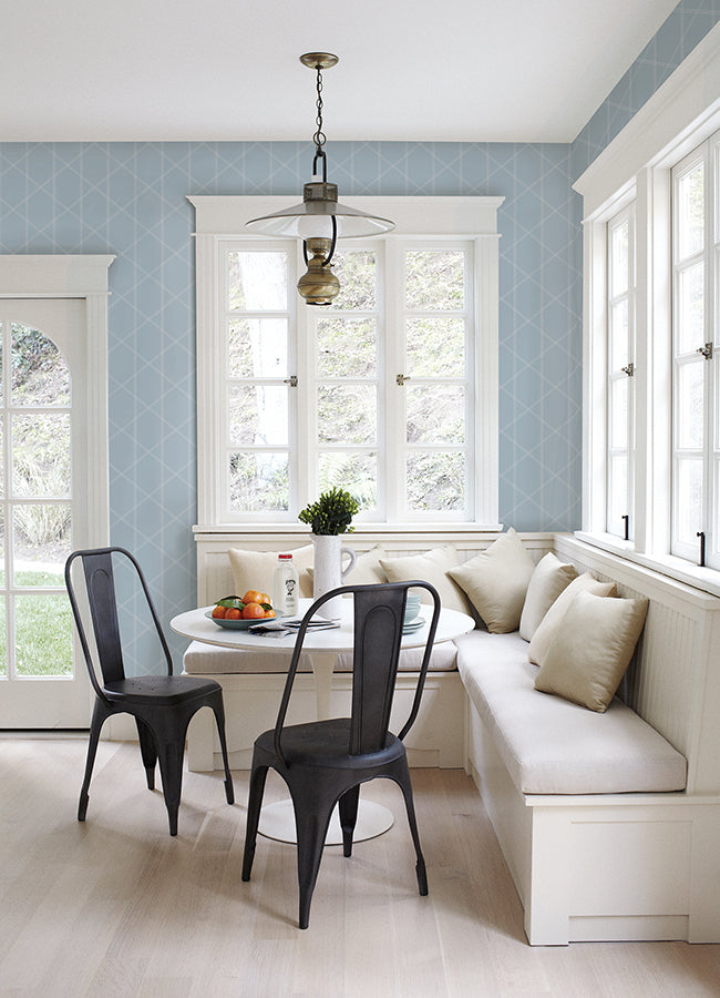 Walcott Light Blue Stitched Trellis Wallpaper - Brewster Wallcovering