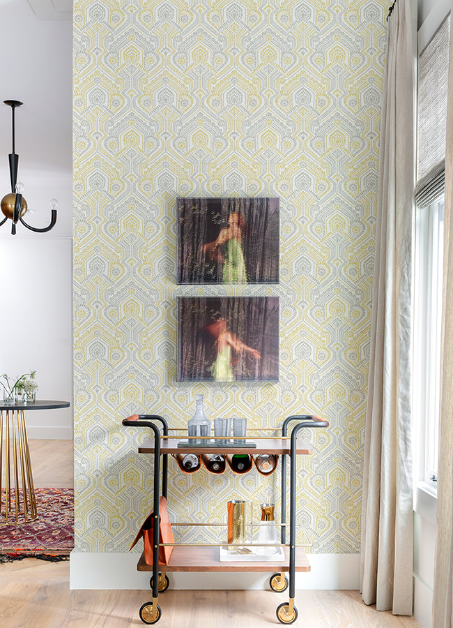 Fernback Yellow Ornate Botanical Wallpaper - Brewster Wallcovering