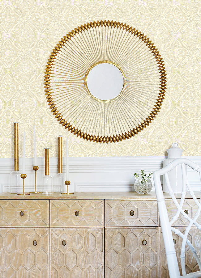 Scout Light Yellow Floral Ogee Wallpaper  | Brewster Wallcovering