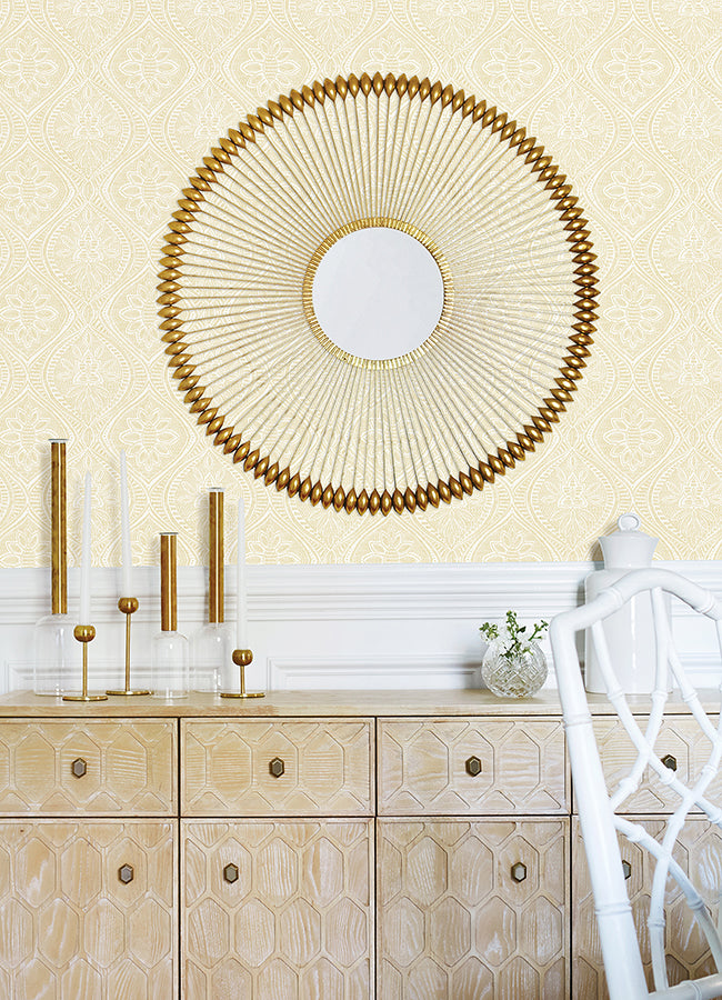 Scout Light Yellow Floral Ogee Wallpaper - Brewster Wallcovering