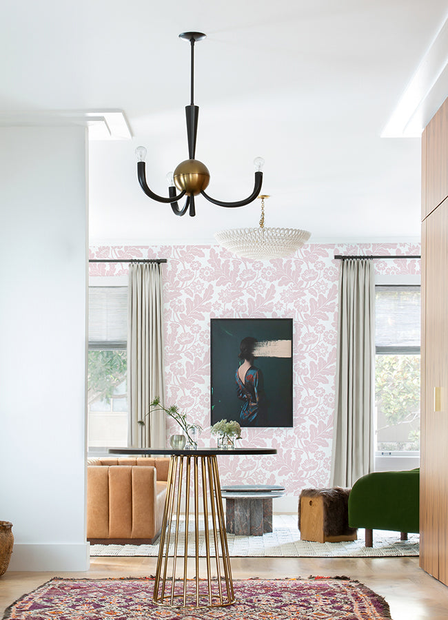 Augusta Pink Flock Damask Wallpaper  | Brewster Wallcovering - The WorkRm