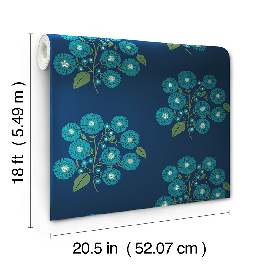 Navy Aqua StrawFlower Peel and Stick Wallpaper - Brewster Wallcovering