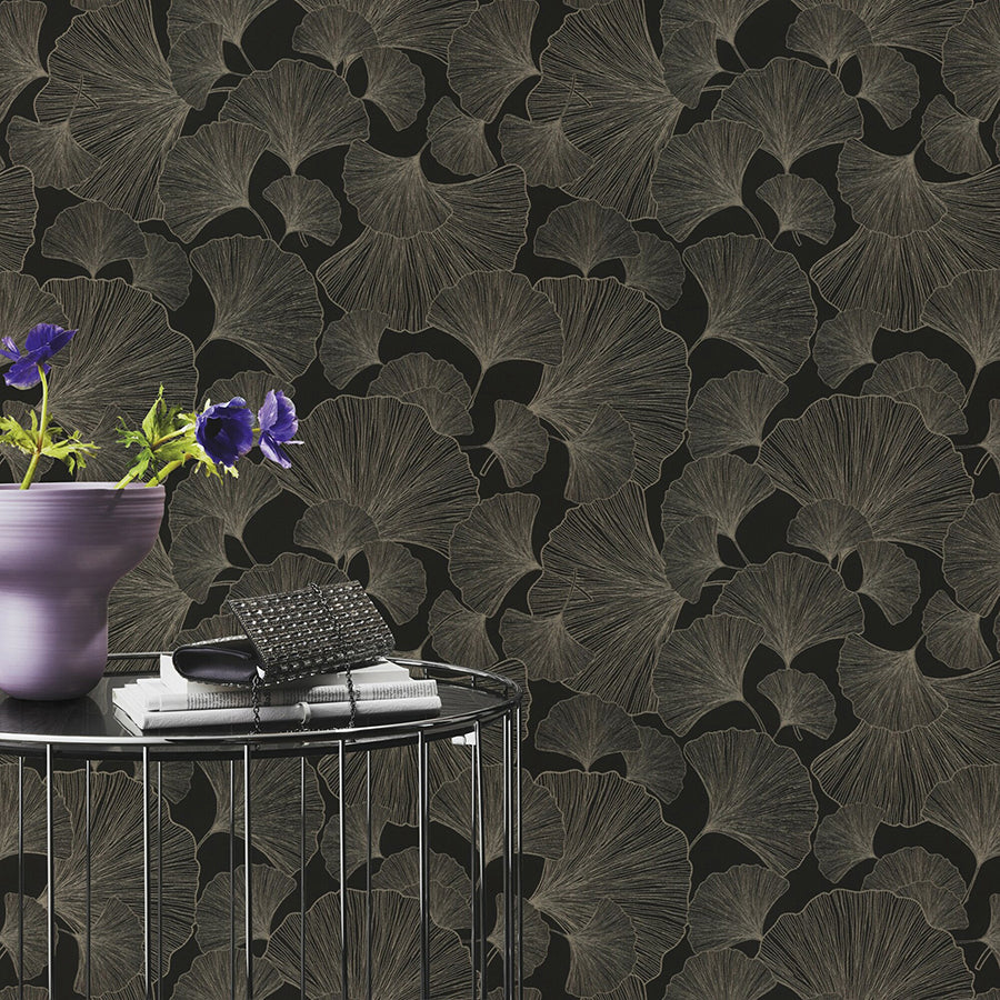 Waft Black Ginkgo Wallpaper - Brewster Wallcovering