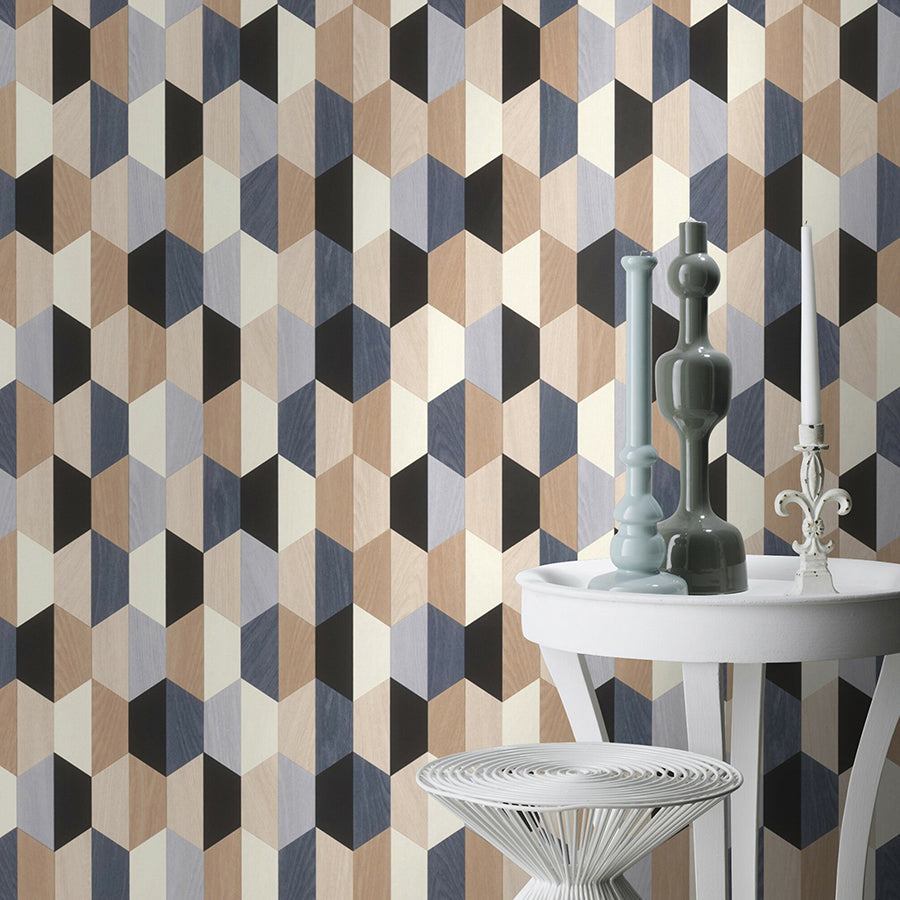 Anthony Blue Wooden Hexagon Wallpaper - Brewster Wallcovering