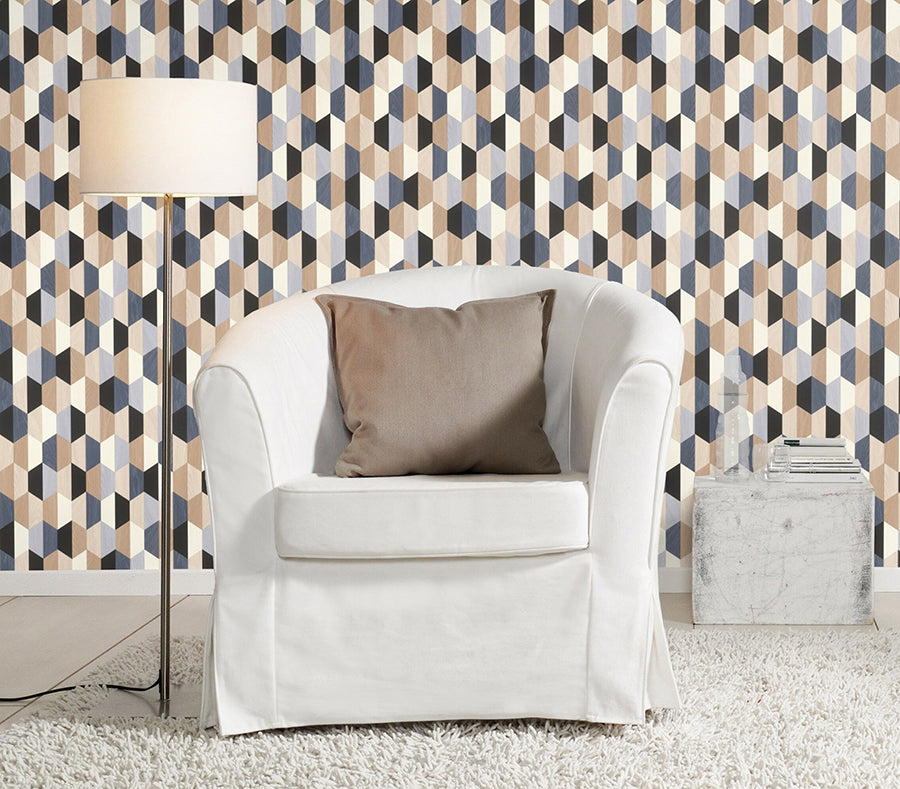 Anthony Blue Wooden Hexagon Wallpaper - Brewster Wallcovering