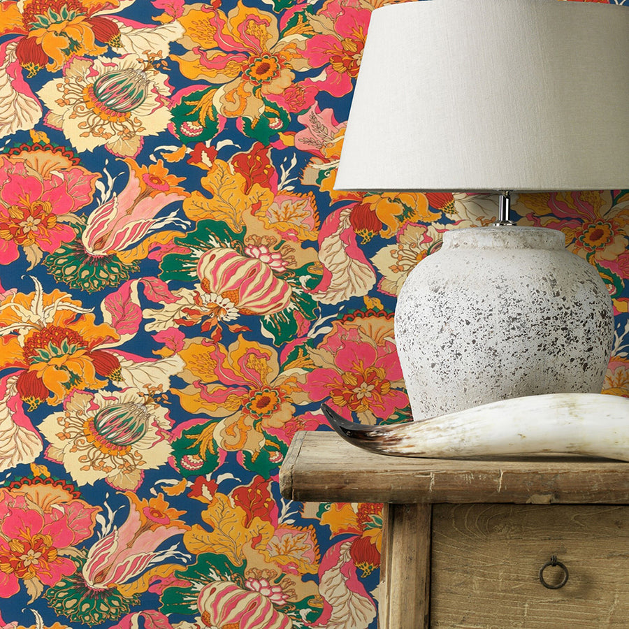 Odisha Orange Jacobean Floral Wallpaper  | Brewster Wallcovering