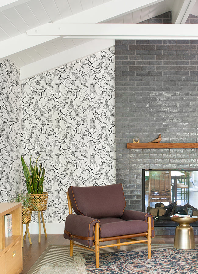 Serena Charcoal Chinoiserie Wallpaper - Brewster Wallcovering