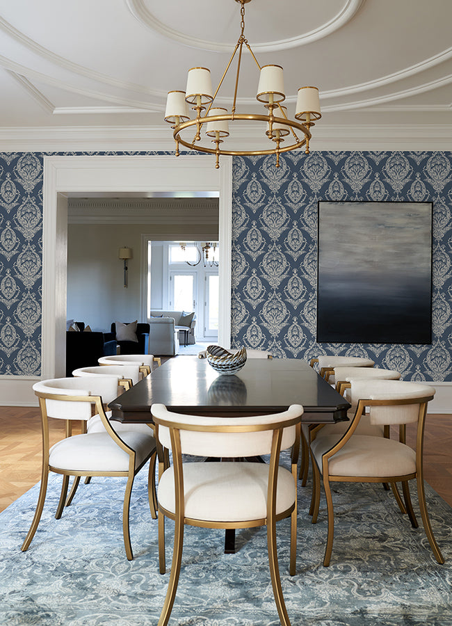 Arlie Indigo Botanical Damask Wallpaper - Brewster Wallcovering