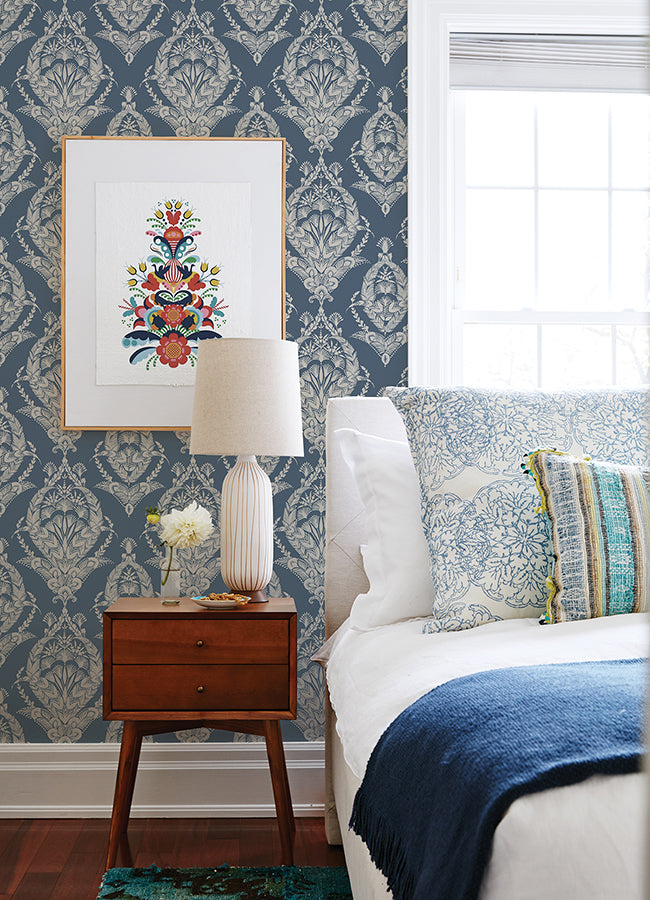 Arlie Indigo Botanical Damask Wallpaper - Brewster Wallcovering