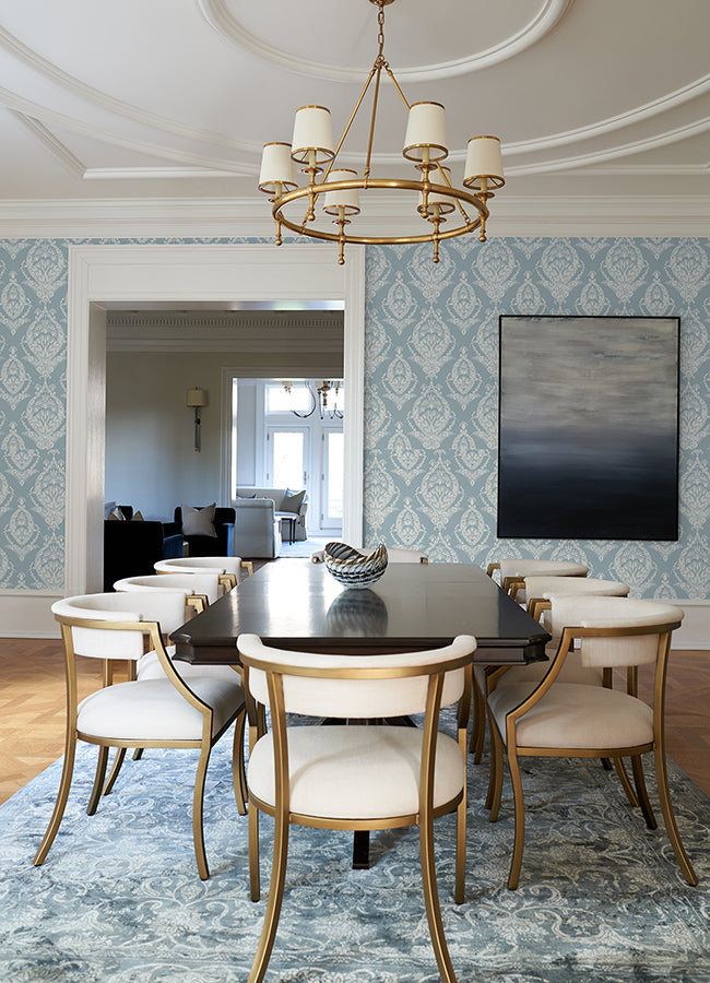 Arlie Light Blue Botanical Damask Wallpaper - Brewster Wallcovering