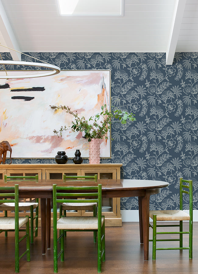 Maeve Dark Blue Jacobean Trail Wallpaper  | Brewster Wallcovering - The WorkRm