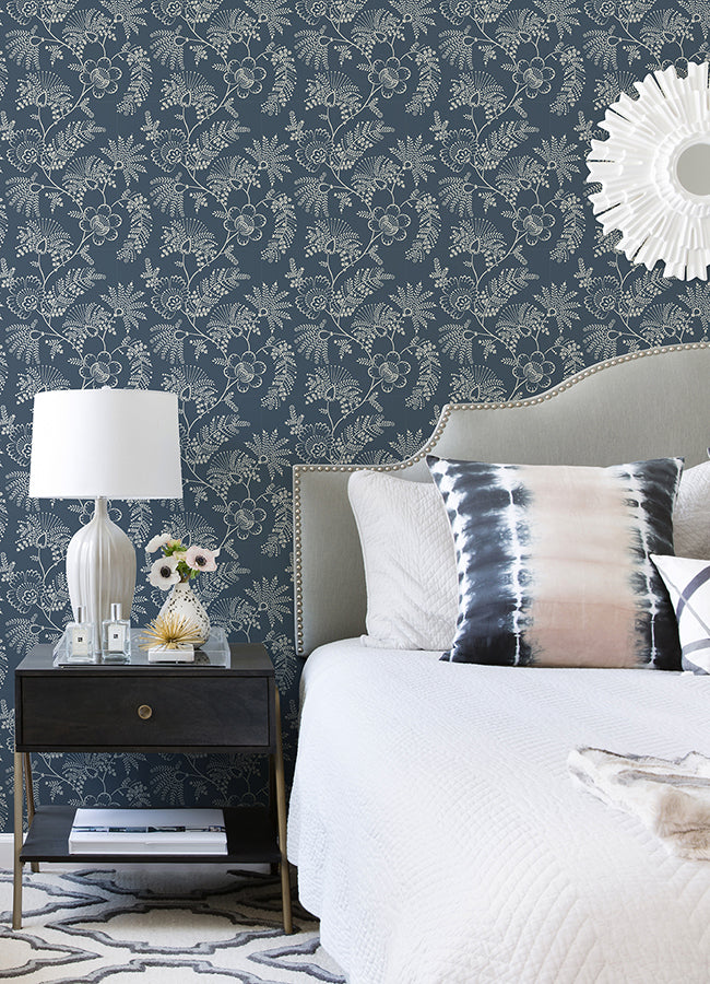 Maeve Dark Blue Jacobean Trail Wallpaper  | Brewster Wallcovering - The WorkRm