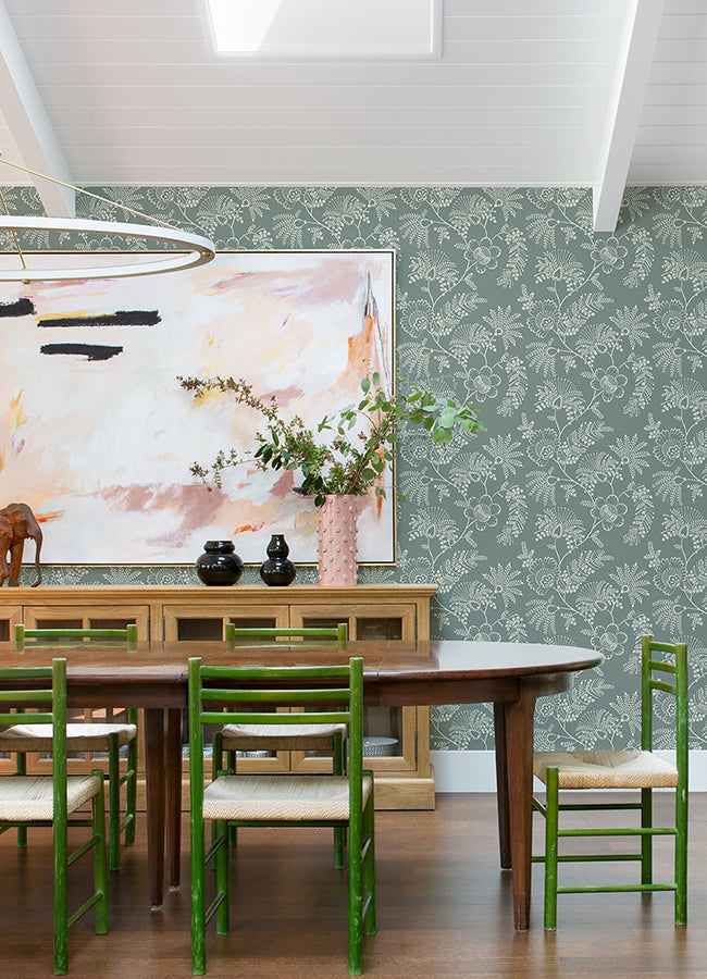 Maeve Sea Green Jacobean Trail Wallpaper - Brewster Wallcovering