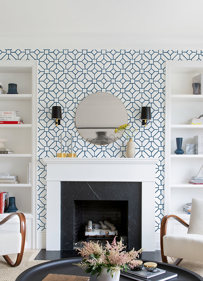 Addis Blue Trellis Wallpaper - Brewster Wallcovering