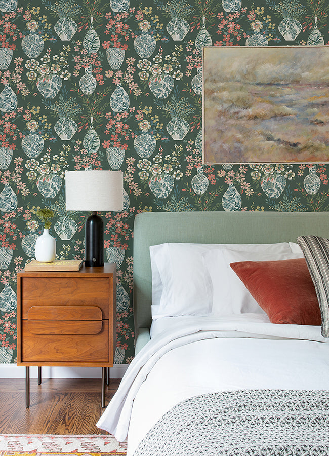 Harper Green Floral Vase Wallpaper - Brewster Wallcovering