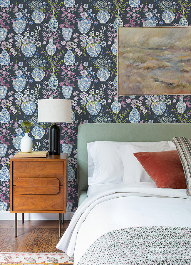 Harper Charcoal Floral Vase Wallpaper  | Brewster Wallcovering - The WorkRm