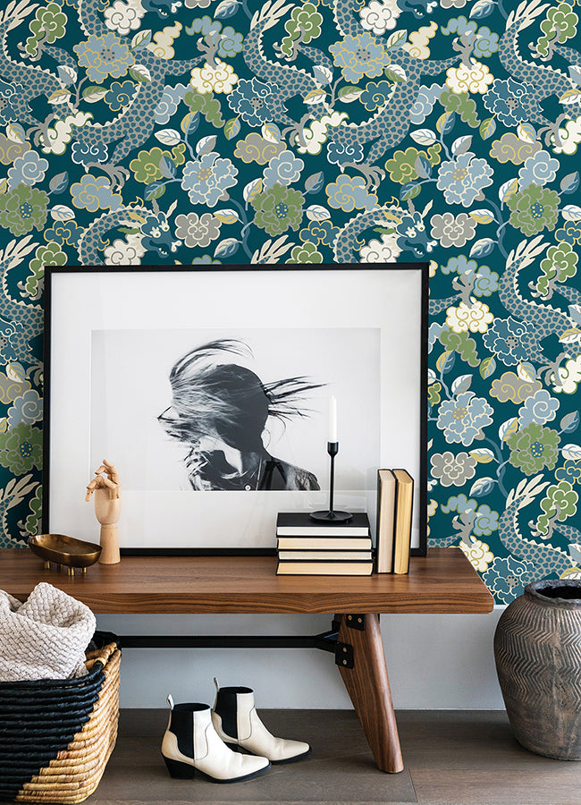 Yanci Teal Dragon Wallpaper  | Brewster Wallcovering - The WorkRm