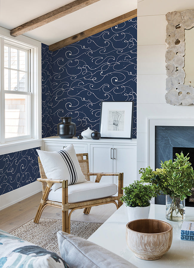 Kuroshio Navy Ocean Wave Wallpaper  | Brewster Wallcovering - The WorkRm