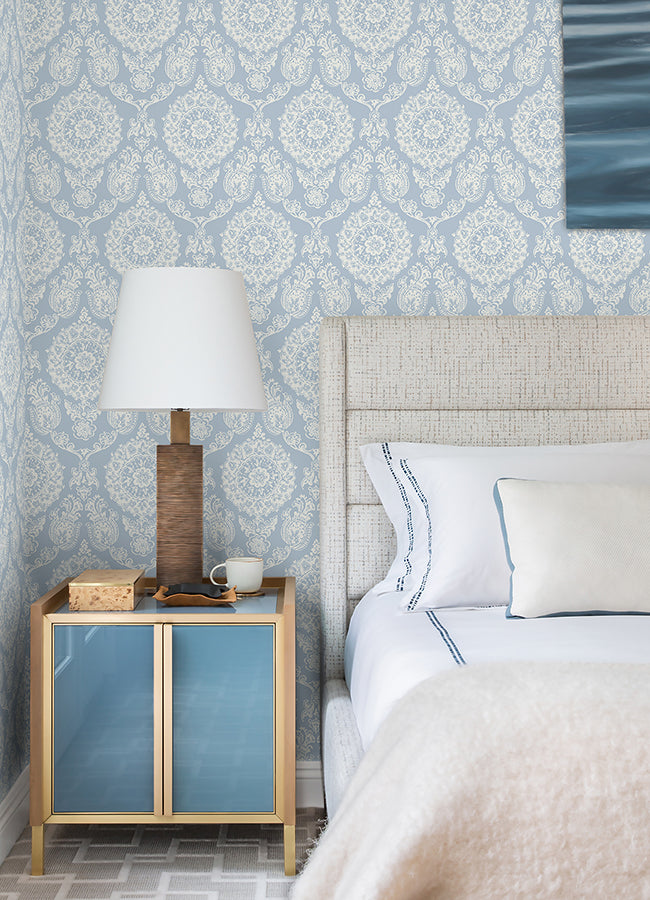 Helm Damask Light Blue Floral Medallion Wallpaper - Brewster Wallcovering