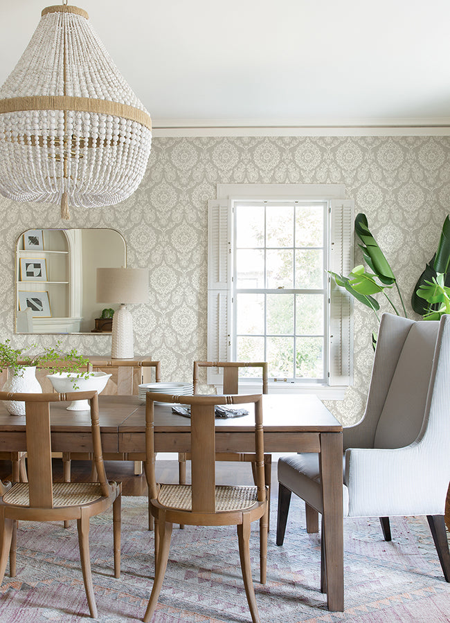 Helm Damask Taupe Floral Medallion Wallpaper - Brewster Wallcovering