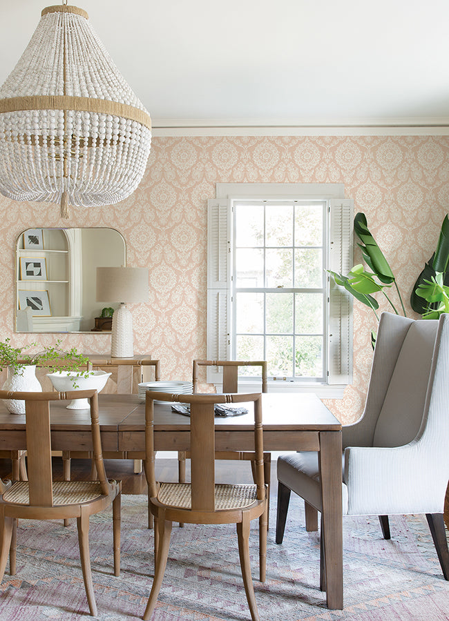 Helm Damask Blush Floral Medallion Wallpaper - Brewster Wallcovering