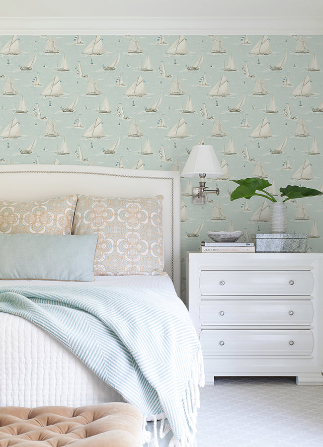 Leeward Aqua Sailboat Wallpaper - Brewster Wallcovering