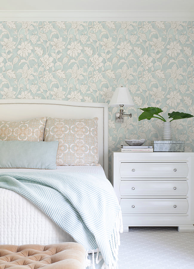 Plumeria Aqua Floral Trail Wallpaper - Brewster Wallcovering