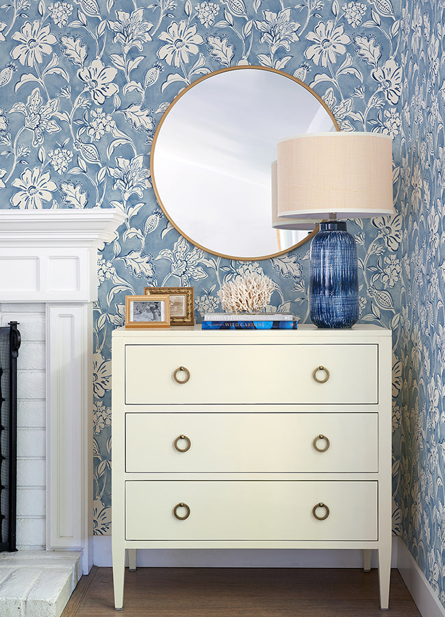 Plumeria Blue Floral Trail Wallpaper  | Brewster Wallcovering - The WorkRm