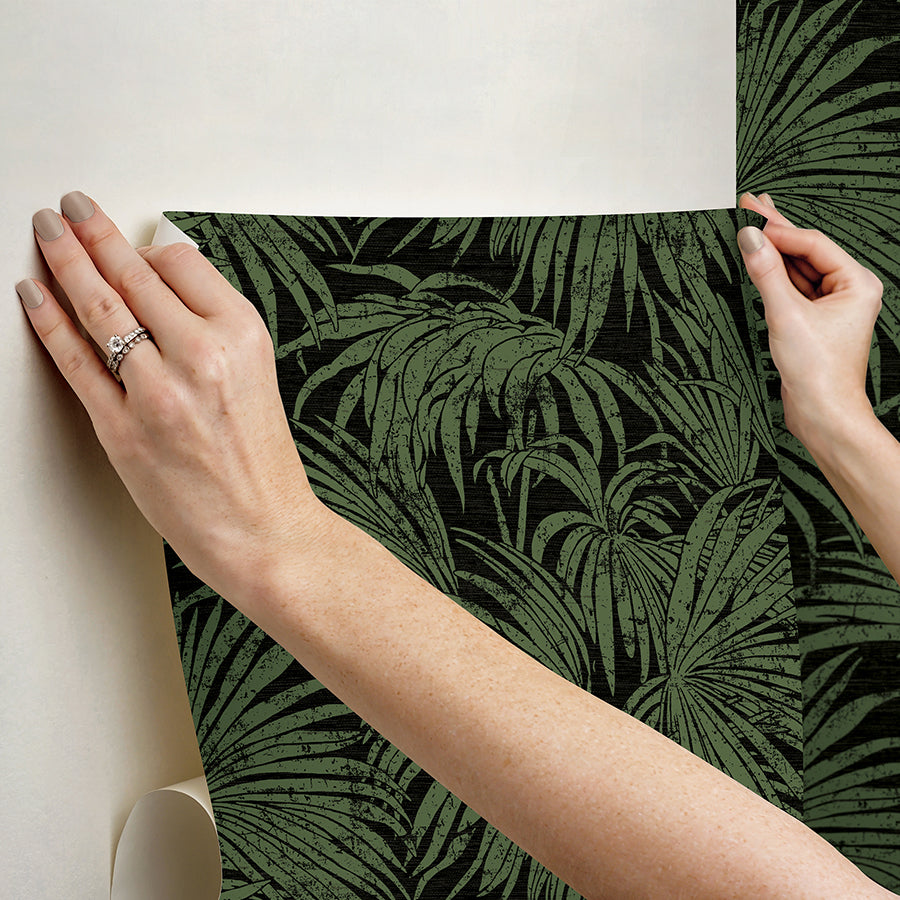 Black & Green Cassava Palm Peel and Stick Wallpaper  | Brewster Wallcovering