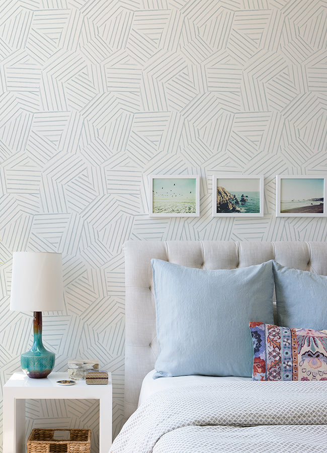 Helene Sky Blue Geometric Lines Wallpaper - Brewster Wallcovering