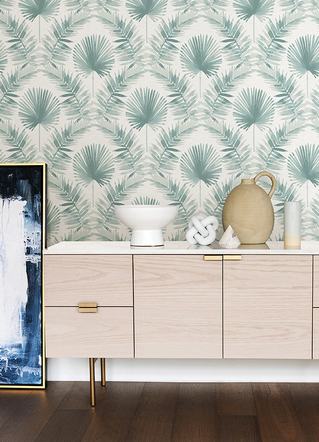 Calla Teal Painted Palm Wallpaper  | Brewster Wallcovering - The WorkRm