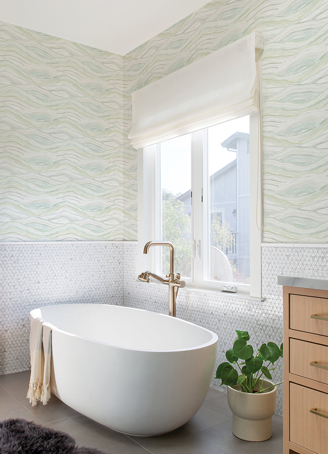 Dorea Sea Green Striated Waves Wallpaper - Brewster Wallcovering