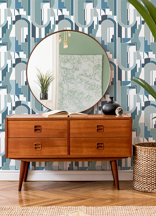 Odele Blue Geometric Archways Wallpaper  | Brewster Wallcovering - The WorkRm