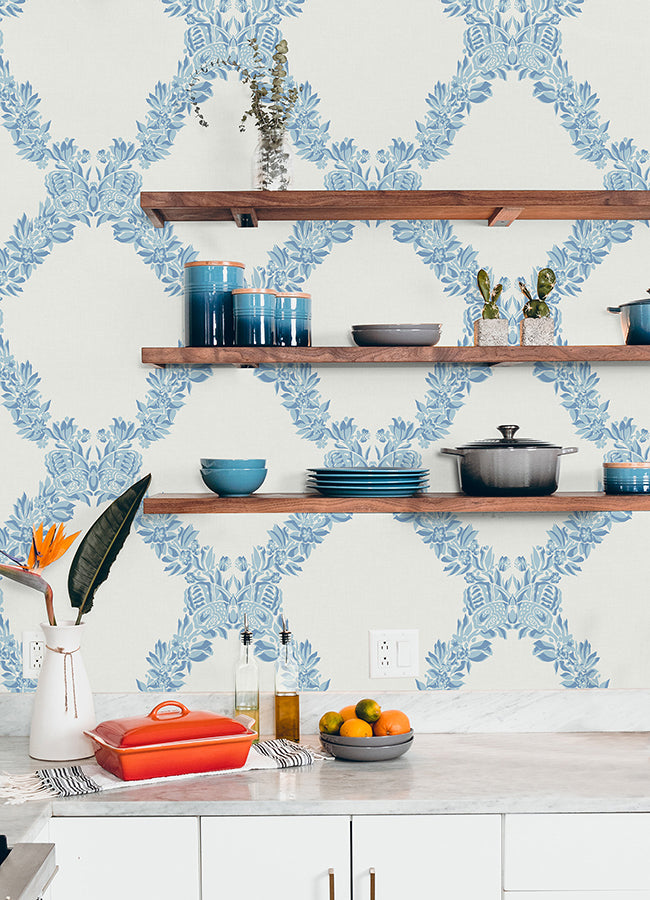 Sky Blue Wreath Peel and Stick Wallpaper - Brewster Wallcovering