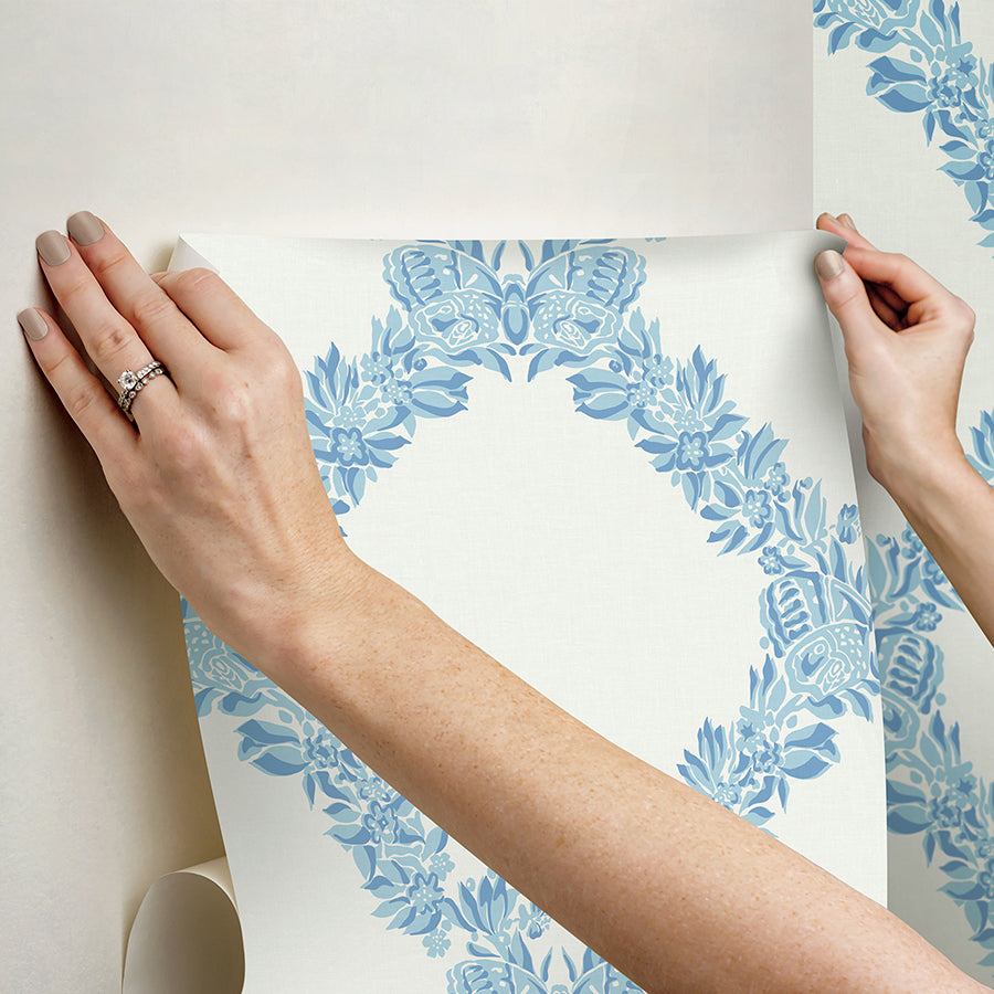 Sky Blue Wreath Peel and Stick Wallpaper - Brewster Wallcovering