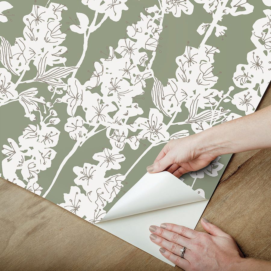 Sage Larkspur Peel and Stick Wallpaper - Brewster Wallcovering