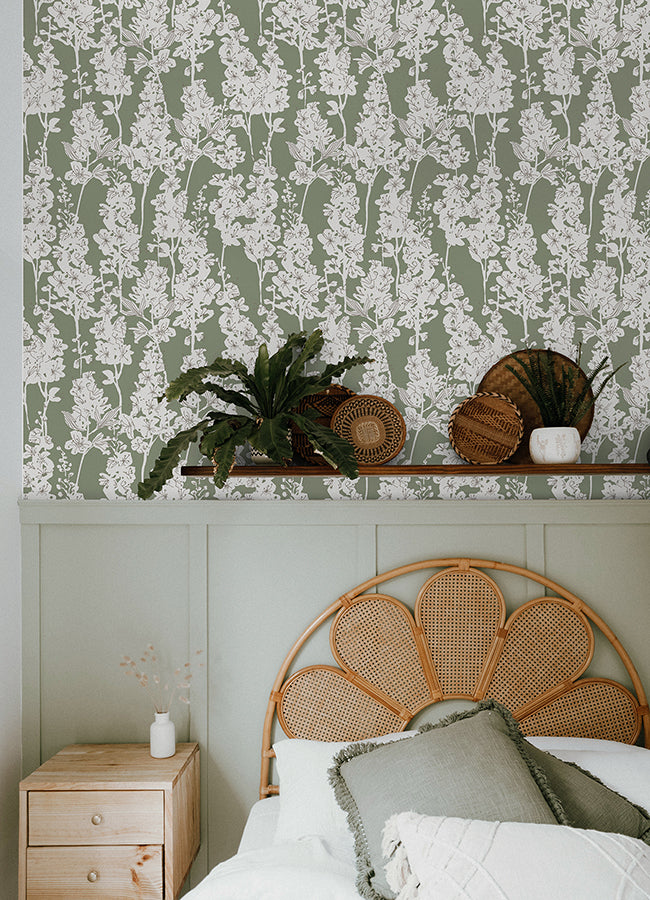 Sage Larkspur Peel and Stick Wallpaper - Brewster Wallcovering