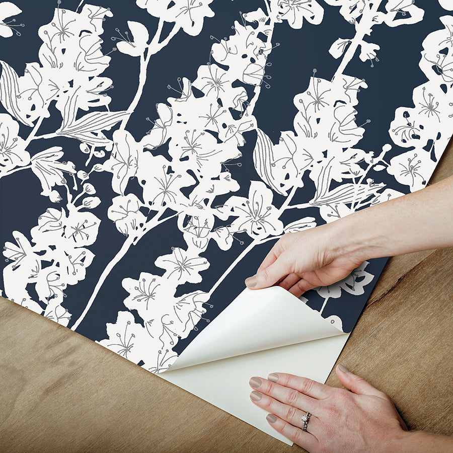 Navy Larkspur Peel and Stick Wallpaper - Brewster Wallcovering