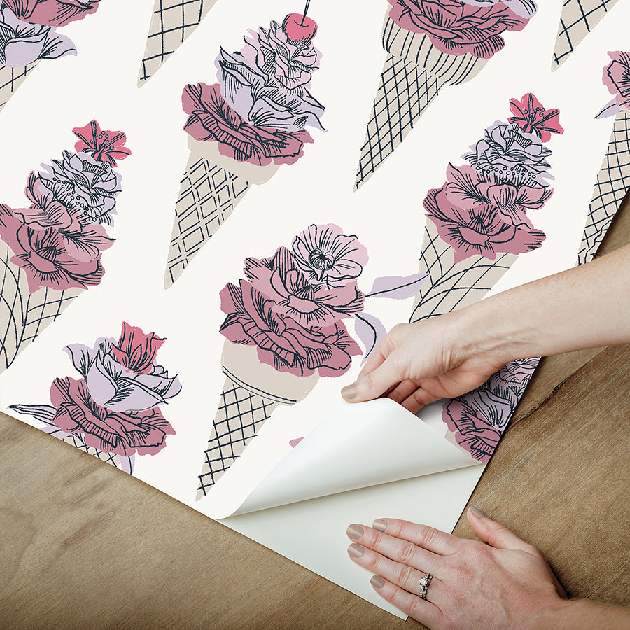 Pink Floral Ice Cream Peel and Stick Wallpaper  | Brewster Wallcovering - The WorkRm