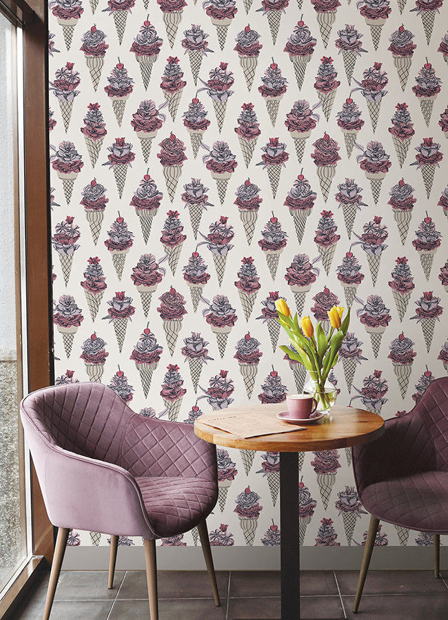 Pink Floral Ice Cream Peel and Stick Wallpaper - Brewster Wallcovering