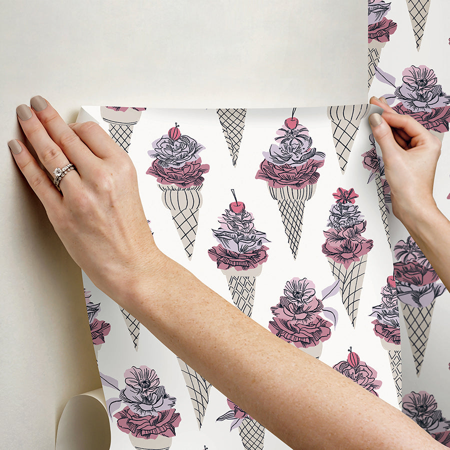 Pink Floral Ice Cream Peel and Stick Wallpaper - Brewster Wallcovering