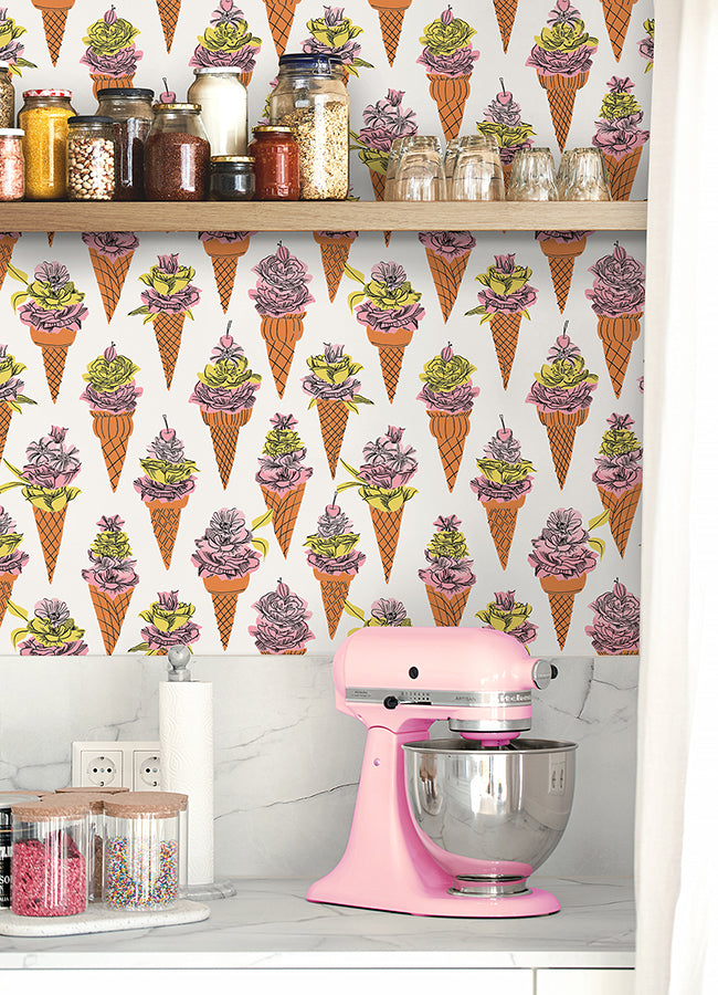 Orange Floral Ice Cream Peel and Stick Wallpaper - Brewster Wallcovering