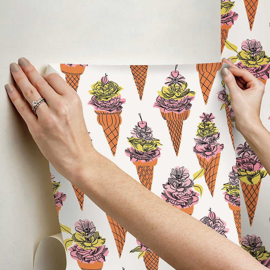 Orange Floral Ice Cream Peel and Stick Wallpaper - Brewster Wallcovering