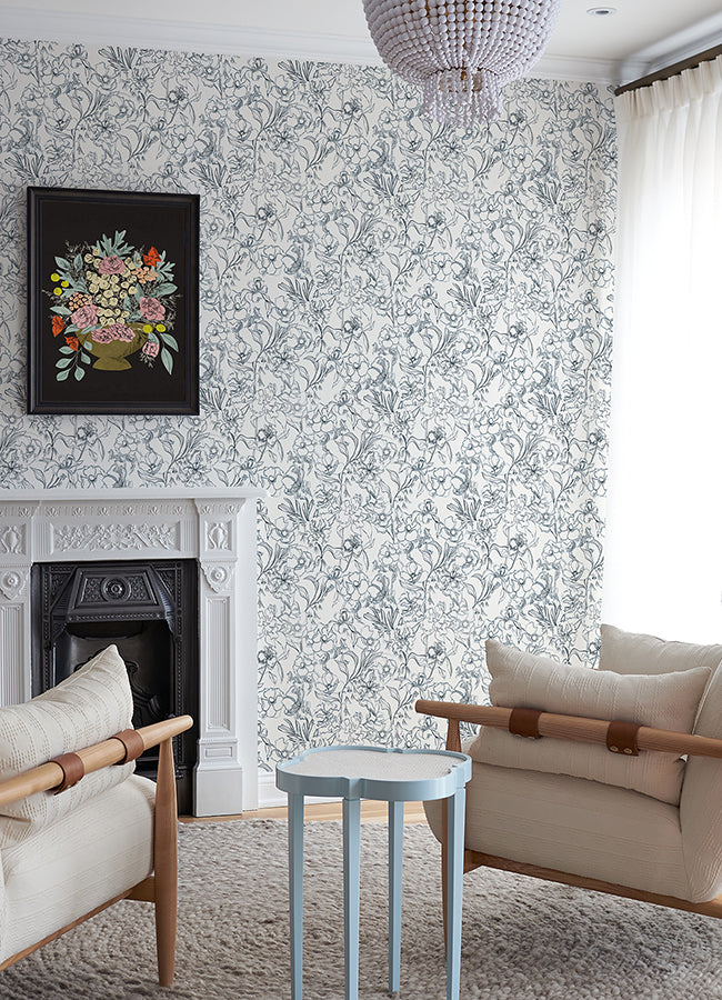 Navy May Bloom Peel and Stick Wallpaper - Brewster Wallcovering