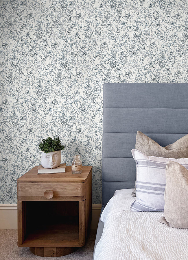 Navy May Bloom Peel and Stick Wallpaper - Brewster Wallcovering